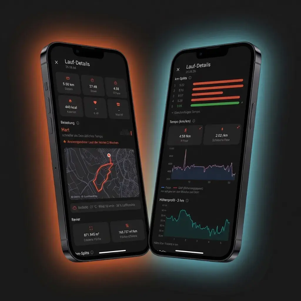 Lauf-Details in der App mit Distanz, Pace, Route, Revier-Fläche, Kilometer-Splits und Höhenprofil